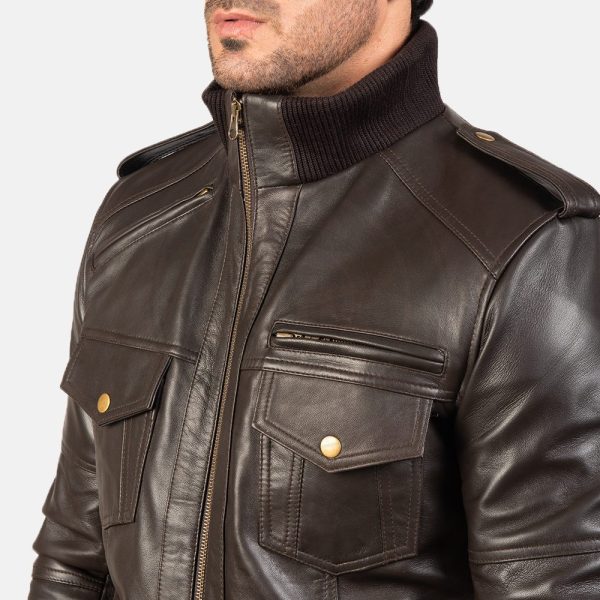 Agent Shadow Brown Leather Bomber Jacket - Image 3