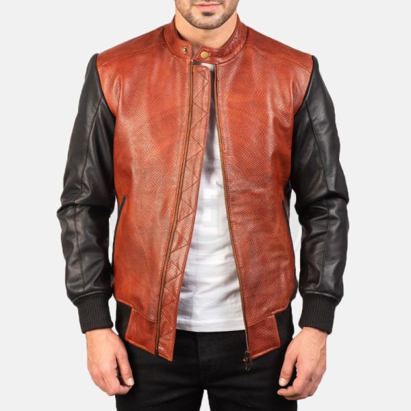 Avan Black & Maroon Leather Bomber Jacket - Image 5