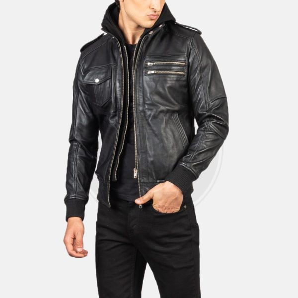 Bravado Black Hooded Leather Bomber Jacket - Image 4