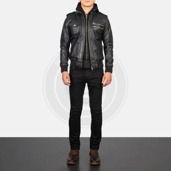 Bravado Black Hooded Leather Bomber Jacket - Image 3