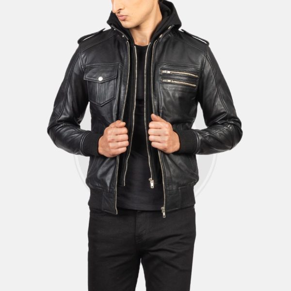 Bravado Black Hooded Leather Bomber Jacket - Image 2