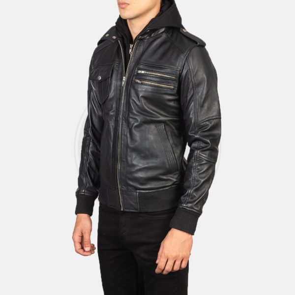 Bravado Black Hooded Leather Bomber Jacket - Image 5