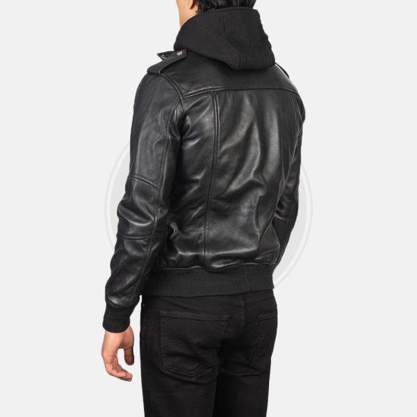 Bravado Black Hooded Leather Bomber Jacket - Image 6